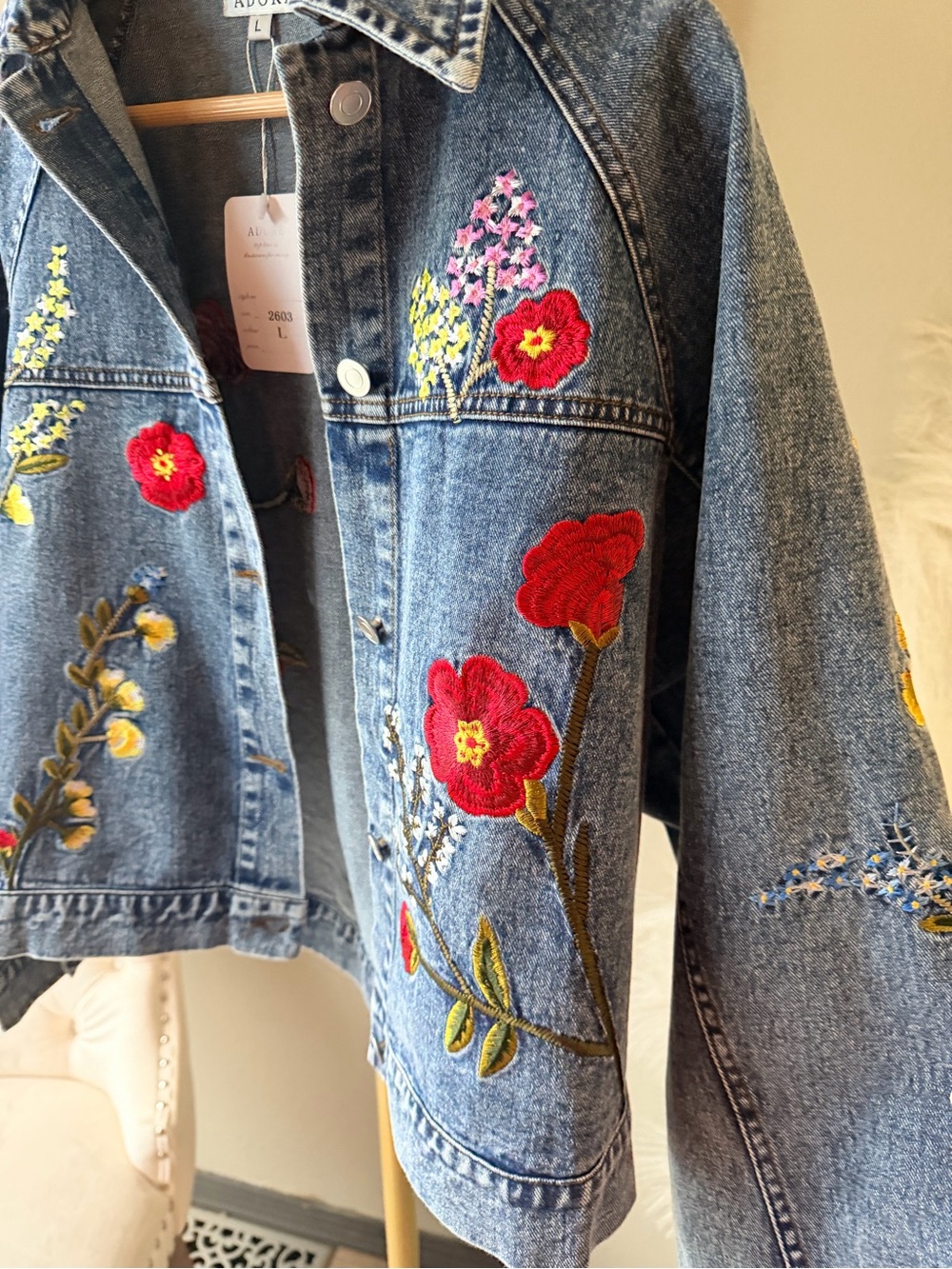 Adore XL Floral Embroidered Denim Jacket Boutique Statement Piece NWT - Picture 12 of 16